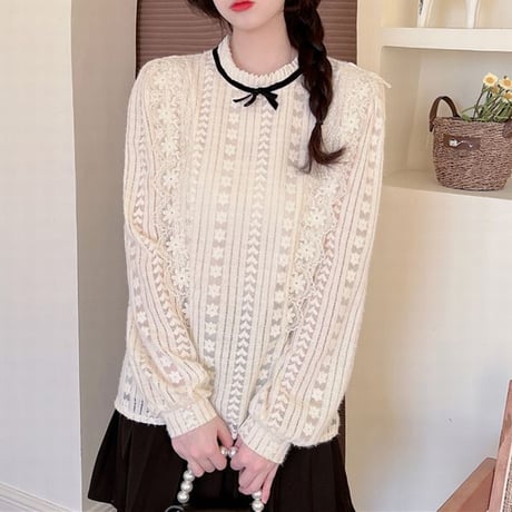レースブラウス ブラウス レース 長袖 ルーズ レトロ 韓国ファッション レディース 大人可愛い ガーリー フェミニン DTC-666086954713