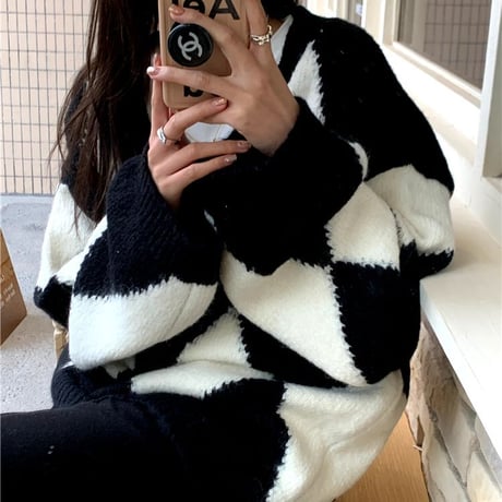 ダイヤ柄 ニット ニットセーター プルオーバー Vネック 長袖 ルーズ ゆったり レトロ 韓国ファッション レディース 大人可愛い ガーリー DTC-655919132061