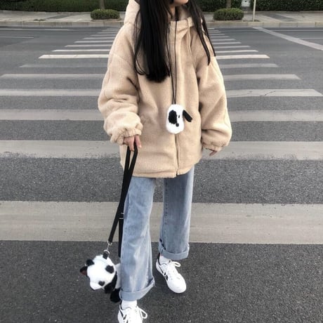 ボアパーカー もこもこ ジップアップ 韓国ファッション レディース ボアブルゾン パーカー ボア アウター ビッグシルエット ボアジャケット 秋 冬 (DTC-606610675474)