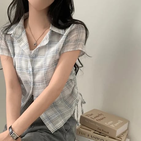 チェック柄シャツ サイドシャーリング トップス ショート丈 ドローストリング ドロスト チェックシャツ 半袖 レトロ 大人可愛い ガーリー カジュアル トレンド DTCA-925867914003