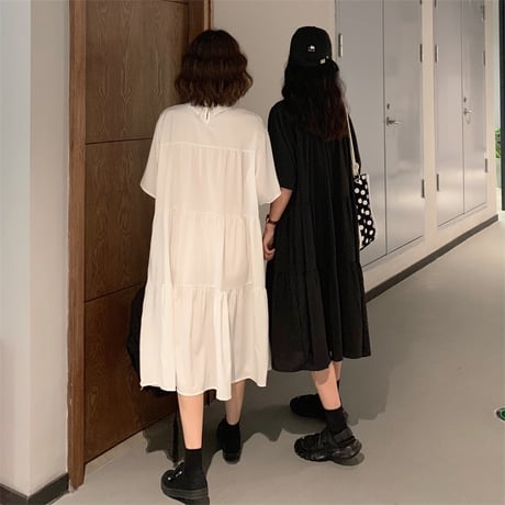 レディース 襟付きボウタイ ワンピース 無地 ミモレ丈 フレア ギャザー シャツワンピ Aライン フェミニン 韓国ファッション (DCT-598114437759)