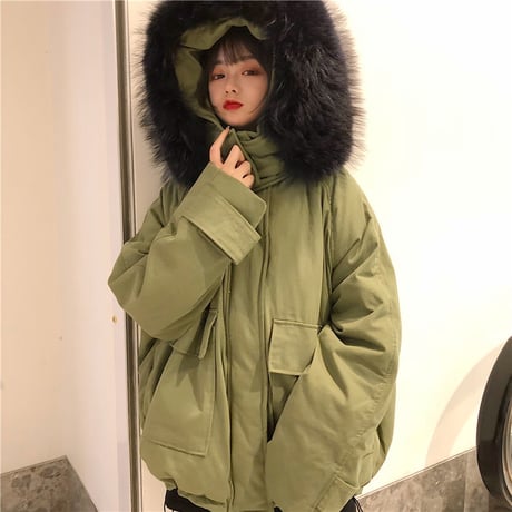 ファーブルゾン ダウンジャケット 韓国ファッション レディース ルーズ ジャンパー ゆったり ファーフード 体型カバー 大人カジュアル 韓国 (DTC-606322579577)