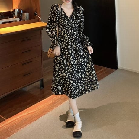 花柄 ワンピース フロントギャザー Vネック フリル袖 ロング丈 ハイウエスト 長袖 韓国ファッション レディース 大人可愛い ガーリー フェミニン DTC-654665818047