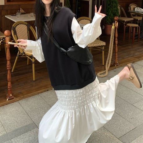 フェイクレイヤード ワンピース フェイクツーピース 切り替え ロングワンピース  Aライン ルーズ 長袖 レトロ 韓国ファッション レディース 大人可愛い ガーリー DTC-881028692653