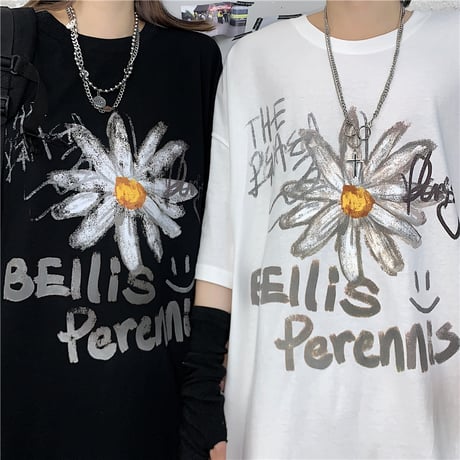 ユニセックス Tシャツ 半袖 メンズ レディース 落書き風 英字 花 フラワー プリント オーバーサイズ 大きいサイズ ルーズ ストリート DTC-615255947278