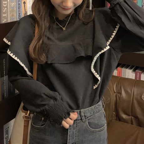フリル ブラウス トップス 配色 パフスリーブ プルオーバー ゆったり 長袖 レトロ 韓国ファッション レディース 大人可愛い ガーリー フェミニン DTC-655094774689