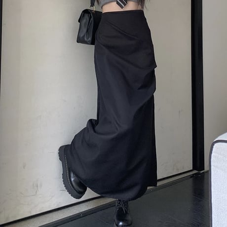ロングスカート スリット ギャザー ハイウエスト スリム Aライン スカート レトロ 韓国ファッション レディース 大人可愛い ガーリー DTC-704946881913