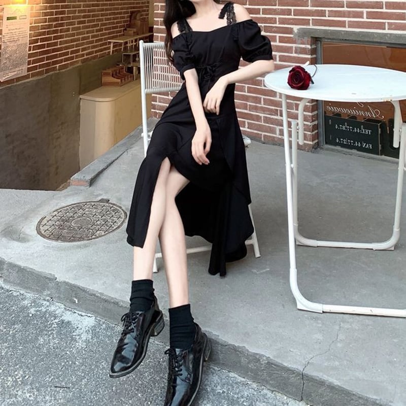 不規則デザイン スリミングワンピース アシンメトリー ウエストレース