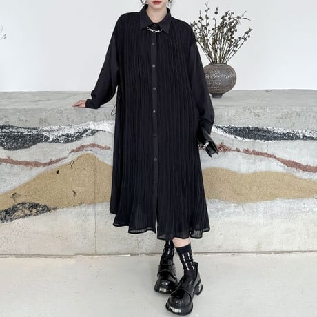 プリーツ シャツワンピース 襟付き ロングワンピース シャツワンピ プリーツワンピース 体型カバー ビッグシャツ ルーズ 長袖 レトロ 大人可愛い ガーリー DTCA-828552000879