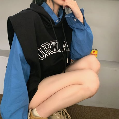ノースリーブパーカー プルオーバー フード付き ベスト オーバーサイズ カジュアル 韓国ファッション レディース 韓国ストリートファッション DTC-681545704276