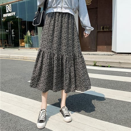 花柄 スカート 裏起毛 裏地あり フレア 韓国ファッション レディース フローラル Aラインスカート ロング丈 シフォン ハイウエスト 大人可愛い ガーリー DTC-628495280732