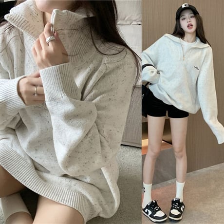 ニット トップス ハイネック ハーフジップ プルパーカー シンプル オーバーサイズ ルーズ レトロ 韓国ファッション レディース 大人可愛い ガーリー カジュアル DTC-683898080466