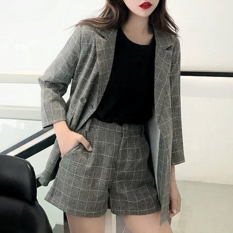 レディース ジャケット ショートパンツ チェック柄 セットアップ 大人 ガジュアル ハイウエスト ガーリー 韓国ファッション (DCT-588392928821)