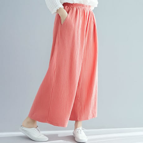 レディース ワイドレッグパンツ パステルカラー ゆったりウエストゴム 両サイドポケット 韓国ファッション (DCT-590829367634)