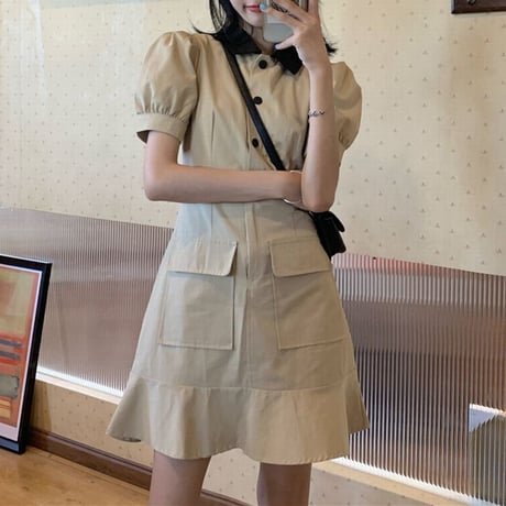 襟付き ワンピース ポケット付き パフ袖 薄手 ハイウエスト ショート丈 半袖 シングルブレスト 韓国ファッション レディース 大人可愛い ガーリー DTC-623654667428
