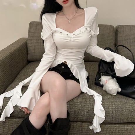 不規則 フリル Tシャツ ベルトデザイン スリムフィット スクエアネック ロンT トップス カットソー 長袖 レトロ 大人可愛い ガーリー DTCA-835755256954