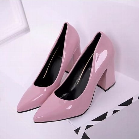 パテントレザー パンプス チャンキーヒール 9cm 韓国ファッション レディース シンプル ポインテッドトゥ ローヒール シューズ キュート 痛くない かわいい 歩きやすい 563485182951