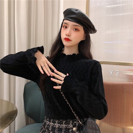 【トップス】 ハーフハイネック 長袖 ボトミングシャツ 韓国ファッション レディース アプリコット ブラック 大人可愛い かわいい ガーリー 630346324534