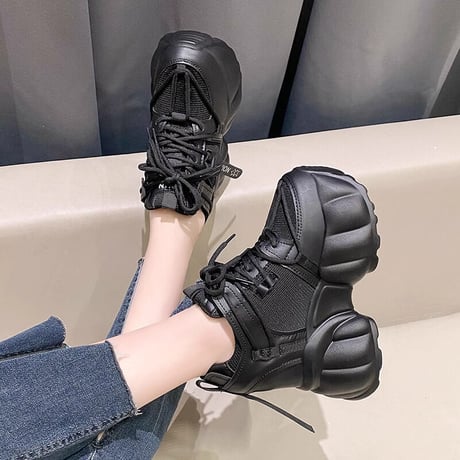 厚底 ダッドスニーカー 22.0～24.5cm シューレース メッシュ スニーカー 厚底スニーカー ホワイト ブラック カジュアル 韓国ファッション レディース DTC-680356145734