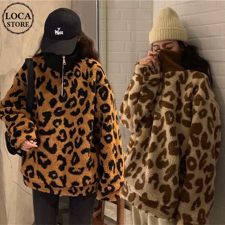 レオパード ボア プルオーバー ハーフジップ ラムウール 韓国ファッション レディース トップス ヒョウ柄 フリース もこもこアウター 大人カジュアル DTC-629477775602