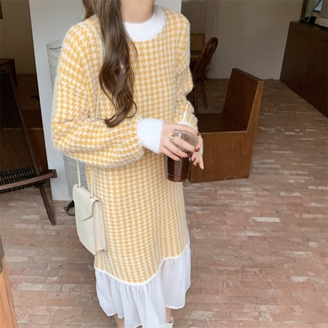 千鳥格子 ニットワンピース 裾フレア チェック柄 フィッシュテール ワンピース 長袖 ゆったり レトロ 韓国ファッション レディース 大人可愛い ガーリー DTC-656290162250