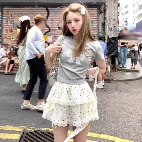Tシャツ 刺繍リボン ショート丈 半袖 スリムフィット クルーネック シンプル レトロ 大人可愛い ガーリー カジュアル フェミニン DTCA-798676186291