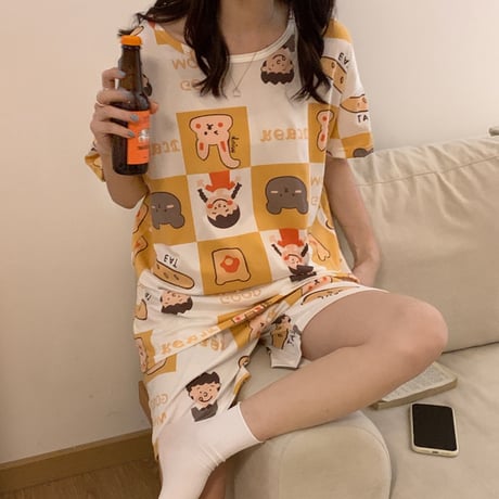 ルームウェア パジャマ セットアップ ラウンドネック プリント ウエストゴム 上下セット トップス ショートパンツ 部屋着 大人可愛い ガーリー フェミニン DTC-642929082786