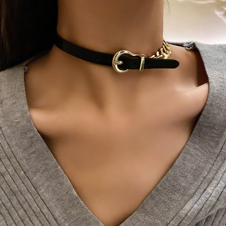 ベルトバックルモチーフ チョーカー PUレザー スネークチェーン ネックレス アクセサリー 合金 メッキ シンプル ジュエリー DTC-632733218175