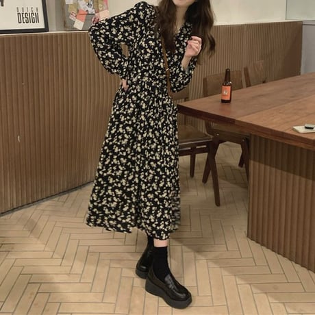 花柄 ワンピース Vネック ハイウエスト 伸縮性ウエスト Aライン 長袖 ロング丈 レトロ 韓国ファッション レディース 大人可愛い ガーリー フェミニン DTCA-709675664395
