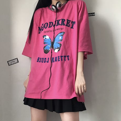 【2カラー】 Tシャツ バタフライ柄 半袖Tシャツ 半袖 オーバーサイズ レトロ 韓国ファッション レディース 大人可愛い ガーリー カジュアル ストリート系 DTC-619205596025