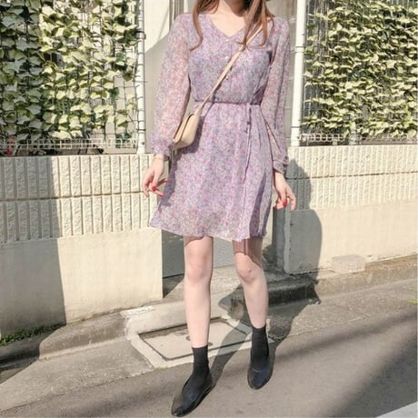 レディース フラワー ワンピース 花柄 フロントボタン レース レトロ ハイウエスト パープル イエロー 韓国 韓国ファッション (DTC-589545576079)