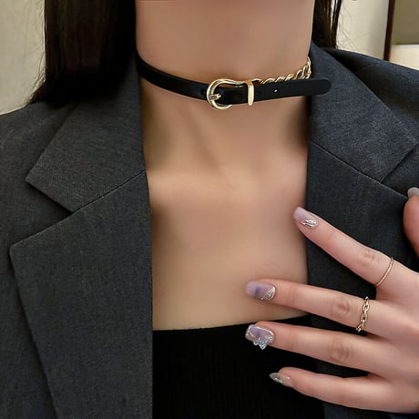 ベルトバックルモチーフ チョーカー PUレザー スネークチェーン ネックレス アクセサリー 合金 メッキ シンプル ジュエリー DTC-632733218175