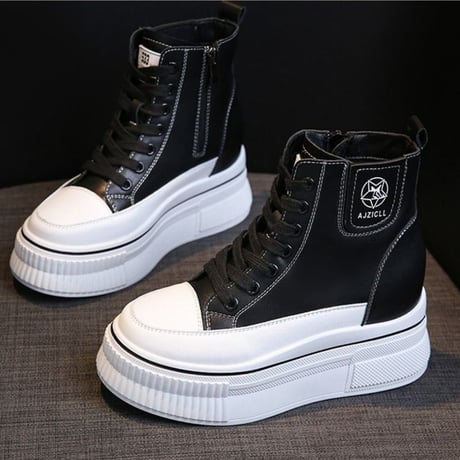 厚底 ハイカットスニーカー 22.0～25.0cm インソール サイドジッパー ファスナー ショートブーツ シューレース カジュアル 韓国ファッション レディース DTC-682592669522