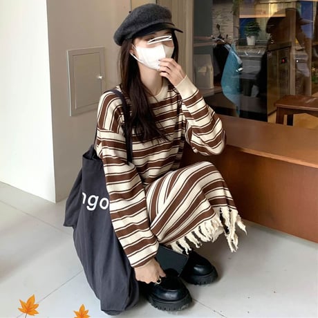 フリンジヘム ボーダー柄 ワンピース 裾フリンジ マルチボーダー ルーズ ロングワンピース 長袖 レトロ 韓国ファッション レディース 大人可愛い ガーリー DTC-745108598997