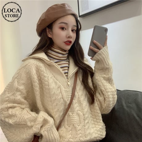 プルオーバー ハーフジップアップ ニット セーター アプリコット 韓国 ファッション レディース ケーブル編み オフショルダー ハイネック (DTC-606566990698)