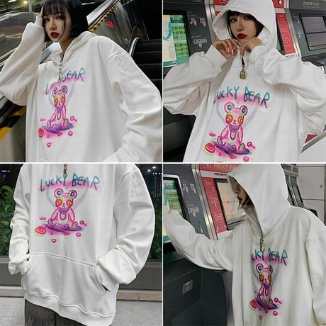 ユニセックス プルオーバー パーカー LUCKY BEAR 裏起毛 韓国ファッション メンズ レディース オーバーサイズ ストリート (DTC-609308830147)