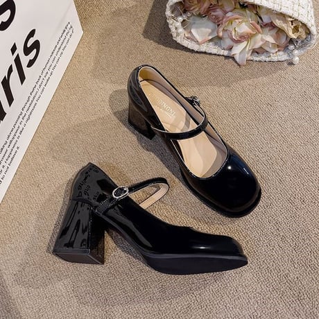 メリージェーンパンプス 22.0～24.5cm パテントレザー チャンキーヒール 太ヒール 7.5cm パンプス ラウンドトゥ 韓国ファッション レディース DTCA-821831991229