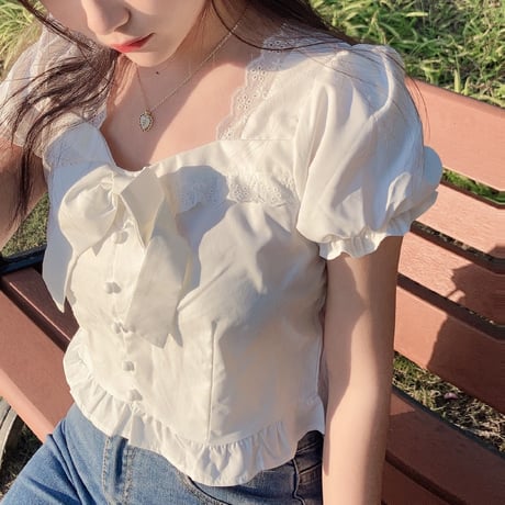 クロップド丈 ブラウス 大きなリボン フリル スクエアネック パフ袖 半袖 薄手 韓国ファッション レディース トップス ショート丈 大人可愛い ガーリー DTC-644215861942