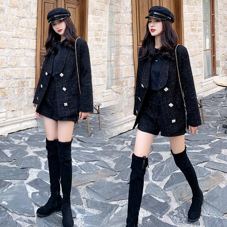 セットアップ ツイード ジャケット ＋ ショートパンツ スクエアボタン キラキラ 韓国ファッション レディース 2点セット ハイウエスト 大人可愛い ガーリー DTC-629229274905)