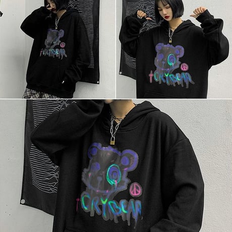 ユニセックス プルオーバー パーカー CRY BEAR 裏起毛 韓国ファッション メンズ レディース オーバーサイズ ストリートDTC-608810436575