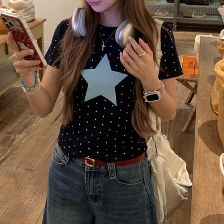 tシャツ ドット柄 スター 星 ショート丈 クルーネック タイト トップス スリムフィット タイトシルエット 半袖 レトロ 大人可愛い ガーリー カジュアル DTCA-1039930699153