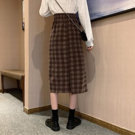 チェック柄 コーデュロイスカート ハイウエスト 韓国ファッション レディース ロングスカート タイトスカート 大人可愛い ガーリー DTC-628449073016