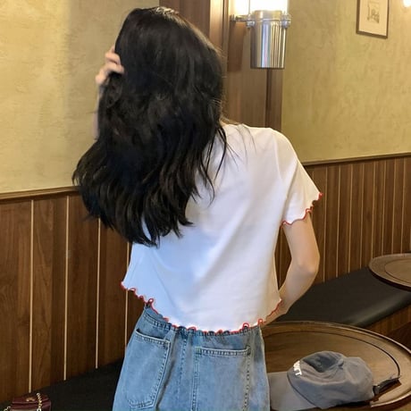 クロップド丈 Tシャツ 半袖 ラウンドネック 夏 配色 韓国ファッション レディース ショート丈 トップス へそ出し カットソー 大人可愛い ガーリー フェミニン DTC-643699777293