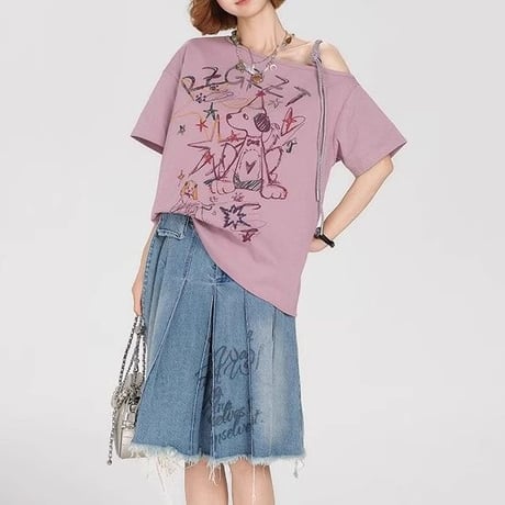 tシャツ 手書き風プリント ワンちゃん ワンショルダー オフショルダー オーバーサイズ トップス カットソー ゆったり 半袖 レトロ 大人可愛い ガーリー DTCA-912182892439