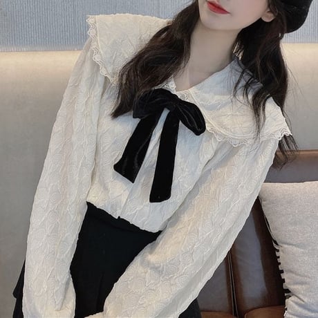 リボンタイ付き ブラウス 大きい襟 パフ袖 長袖 ルーズ レトロ 韓国ファッション レディース 大人可愛い ガーリー フェミニン DTC-654889582920