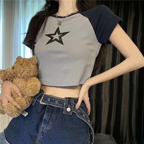 【3カラー】 クロップド丈 Tシャツ スター 星 ラグランスリーブ スリムフィット へそ出し 半袖 レトロ 韓国ファッション レディース 大人可愛い ガーリー DTC-786257392285