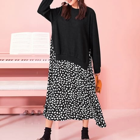 レディース ドッキングワンピース サイドスリット レイヤード風 ニット ロング丈 長袖 フェミニン 韓国ファッション オルチャン (DCT-577605333922)