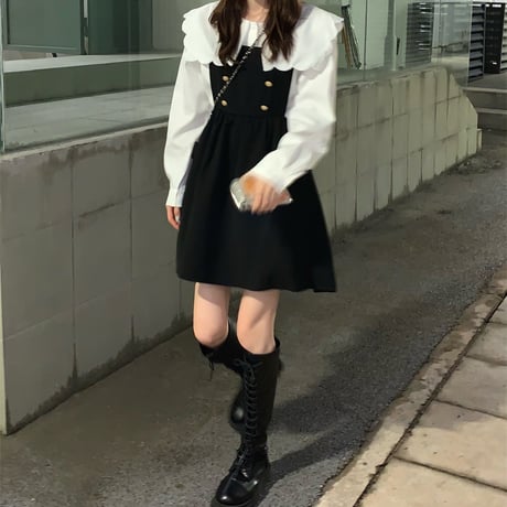 セットアップ ブラウス ジャンパースカート ジャンスカ スカラップカラー ハイウエスト 2点セット レトロ 韓国ファッション レディース 大人可愛い ガーリー DTC-659293969601