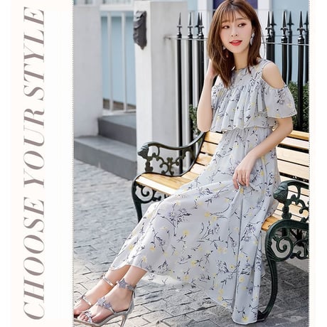 レディース レースレイヤー肩あき 花柄ワンピース フリル フェミニン ガーリー 韓国ファッション (DCT-569895814971)