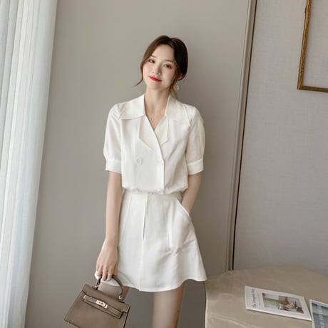 セットアップ セット シャツ ＋ ボトムス 韓国ファッション レディース トップス ショートジャケット 無地 ハイウエスト 大人可愛い ガーリー DTC-622877670244
